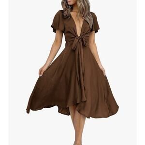 Miduo Women’s Satin V Neck Ruffle Short Sleeve Brown Tie Dress XXL